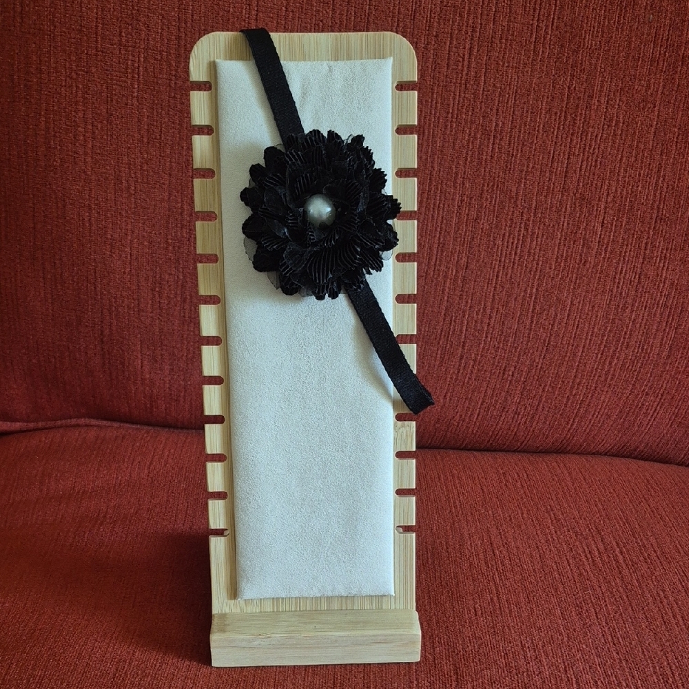 Black Floral Elasticized Headband With Faux Pearl, New With Tags